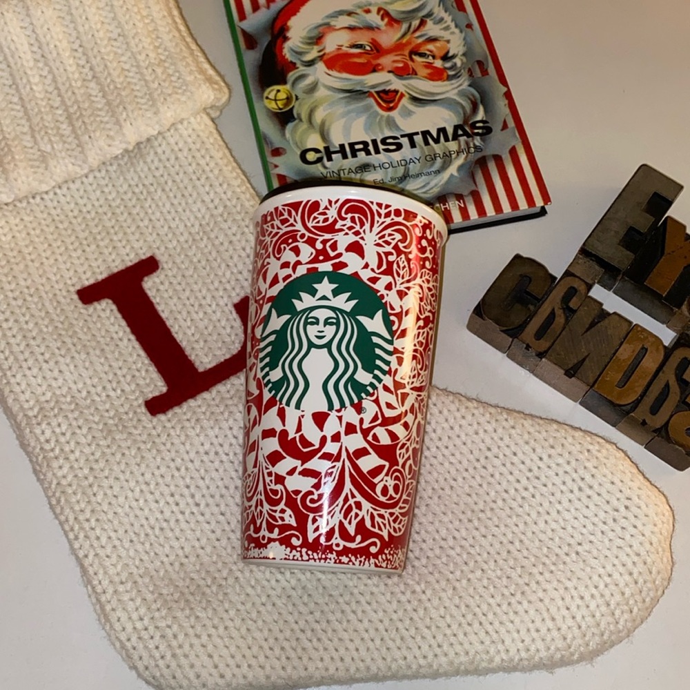 🆕🎄☕️🧜♀️STARBUCKS 12 oz. 2016 Candy Cane Motif Ceramic Cup with Swivel Lid